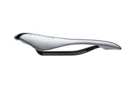 side view of Serfas carbon railed road cycling race saddle on white studio background